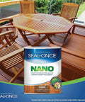 Heavy Duty Clear Wood Sealer And Solid Shield Waterproof Armor For Decks Fences Log Homes And Yard Gear Odorless Blend in quart tin with wooden furniture.