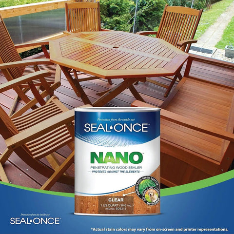 Heavy Duty Clear Wood Sealer And Solid Shield Waterproof Armor For Decks Fences Log Homes And Yard Gear Odorless Blend in quart tin with wooden furniture.