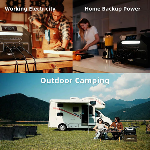 Collage showing Portable Power Station 2048Wh LiFePO4 Battery Solar Generator with woodworking, home use, and RV camping.