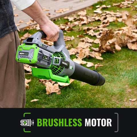 Person using Cordless 60V Electric Leaf Blower With 810 CFM And Variable Speed near wet leaves in yard.