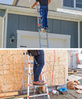 Person using Heavy Duty Ladder Platform Tray And Work Stand Holds 400 Pounds on straight rail ladder, outdoor projects