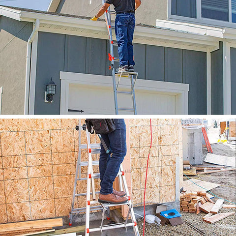 Person using Heavy Duty Ladder Platform Tray And Work Stand Holds 400 Pounds on straight rail ladder, outdoor projects