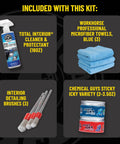 All In One Interior Car Cleaning Kit With Storage Bag showing interior cleaner, microfiber towels, detailing brushes, cleaning gel
