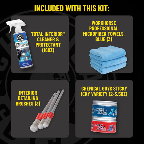All In One Interior Car Cleaning Kit With Storage Bag showing interior cleaner, microfiber towels, detailing brushes, cleaning gel