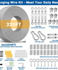 Heavy Duty 220 Feet One Eighth Inch Vinyl Coated 304 Stainless Steel Wire Rope Kit With Turnbuckles For Outdoor String Lights And Hanging Projects Like Camping Garden Trellis Clothes Pictures Curtains And More, shown with components of the kit including turnbuckles and wire clamps.