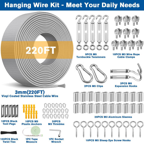 Heavy Duty 220 Feet One Eighth Inch Vinyl Coated 304 Stainless Steel Wire Rope Kit With Turnbuckles For Outdoor String Lights And Hanging Projects Like Camping Garden Trellis Clothes Pictures Curtains And More, shown with components of the kit including turnbuckles and wire clamps.