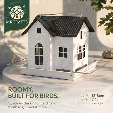 Solar Powered Hanging Metal Bird Feeder With Solar Lights Weatherproof Outdoor Lantern Dual Compartment Bird House Garden Decor For Yard Or Patio A Thoughtful Gift For Mom And Grandma, featuring a white house-shaped feeder for birds.