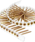 Pro Grade Duraspin 8 Gauge 2 Inch Subfloor Collated Screws With Yellow Zinc Finish 1000 Count Box Coarse Thread No 2 Square Head Built For Easy Subfloor Install. Close-up of screws in plastic collation.