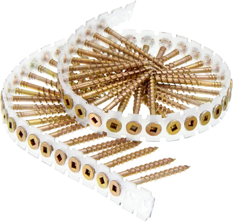 Pro Grade Duraspin 8 Gauge 2 Inch Subfloor Collated Screws With Yellow Zinc Finish 1000 Count Box Coarse Thread No 2 Square Head Built For Easy Subfloor Install. Close-up of screws in plastic collation.