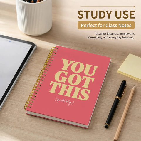 Inspirational Gifts Spiral Notebook 5.5 By 8.3 Inches With durable cover on wooden desk with pen and tablet