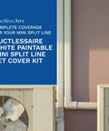 Zero Fuss Mini Split Line Set Cover Paintable Kit Crisp White Four By Fourteen Feet Complete Wall Cap Tubing Cover For Ductless Ac Systems, with clean white tubing on a wall.