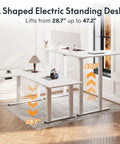 Sweeping L Shaped Standing Desk With Sturdy Four Leg Frame For Epic Gaming Or Pro Workstations showing height adjustments from 28.7" to 47.2".