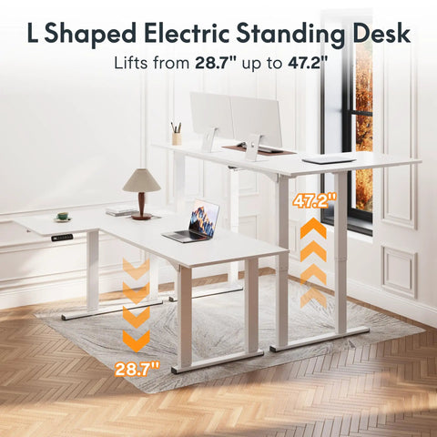 Sweeping L Shaped Standing Desk With Sturdy Four Leg Frame For Epic Gaming Or Pro Workstations showing height adjustments from 28.7" to 47.2".