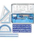 Complete Geometry Drawing Set With Metal Compass, 6 Inch Ruler, Alphabet Stencil, And Two Set Squares For 30 And 60 Degree Angles And 45 Degree Precision Drafting Tools For Students And Pros., metal drafting kit with ruler, protractor, and stencil