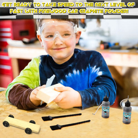 Child with Pinewood Derby Graphite Powder Set With Cleaning Brush 2 Bottles Lubricant Powder For Derby Wheels And Axles