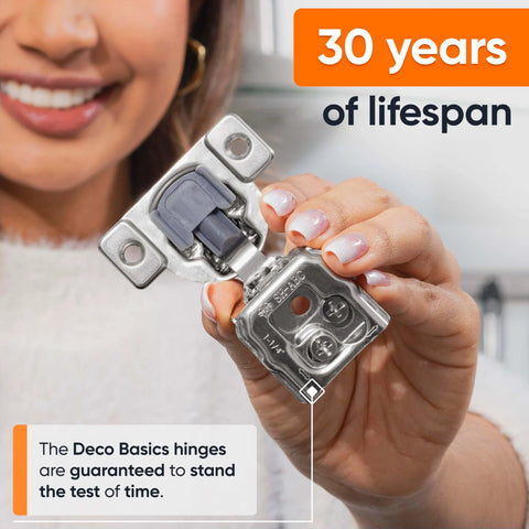 Soft Close Cabinet Hinges Set For One And A Quarter Inch Overlay Kitchen Cabinets, 40 Pack, shown in hand, stainless steel.