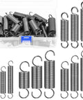 Boxed set of 36 stainless steel extension springs with opening hooks in 12 sizes for machinery use.