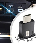 USB LED Interior Car Light With Adjustable Brightness And 8 Color Options Type C Plug shown next to a USB port with dimensions