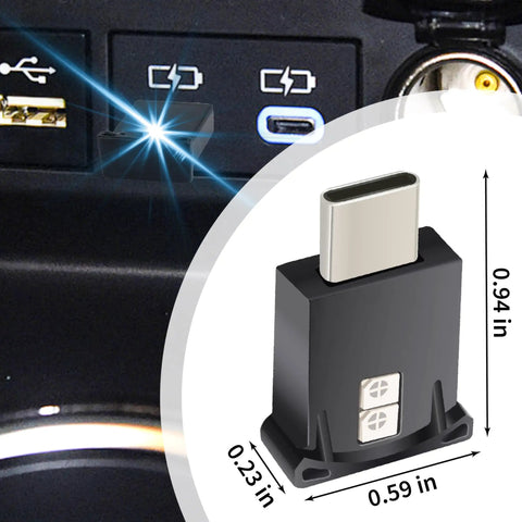 USB LED Interior Car Light With Adjustable Brightness And 8 Color Options Type C Plug shown next to a USB port with dimensions