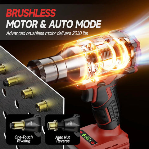 Cordless Rivet Nut Gun for Milwaukee 18V Battery with Auto and Memory Mode, showcasing brushless motor and nut heads
