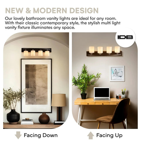 Four Light Bathroom Vanity Lights Over Mirror With Modern Glass Shade Panel In Matte Black Finish Hollywood Style Wall Sconce.