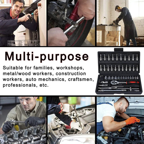 Heavy Duty Drive Socket Set With SAE And Metric Sizes, Ratchet Wrench Kit for various maintenance tasks with workers.