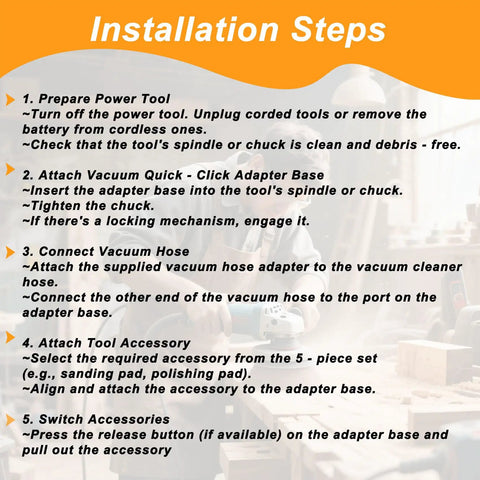 Installation steps for Versatile 16 Foot Vacuum Hose Kit with 6 adapters for dust collection in woodworking or home use for DIYers.