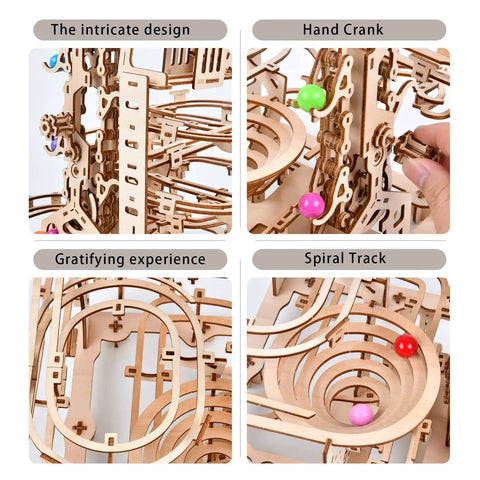 Mechanical Marble Run Puzzle Kit With Chain Hoist 335 Pieces And 8 Marbles A DIY Wood Model Building Kit components