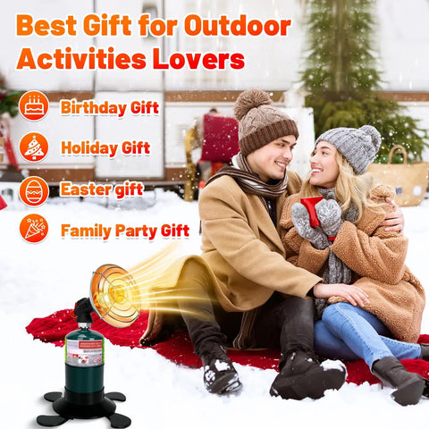 Couple outdoors with Portable Propane Heater For Camping And Outdoorsy Go To Cordless Gas Heater With Foldable Tank Holder