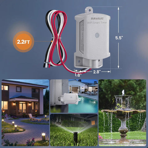 Built Tough Wifi Smart Timer Switch For Outdoor Electrical Junction Boxes 35 Amp 120 Volt Weather Resistant Power Controller with dimensions and wires.