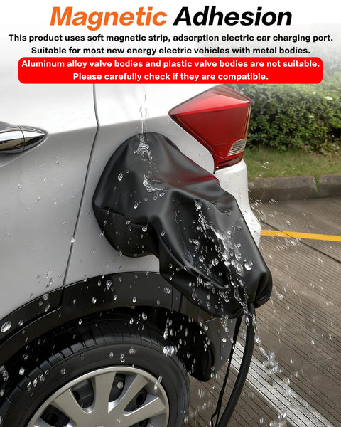 Universal EV Charger Cover No Sweat Waterproof Rain And Snow Protection Rock Solid Magnetic Grip Double Sided Shield For All Electric Vehicles, showing water droplets on the protective cover.