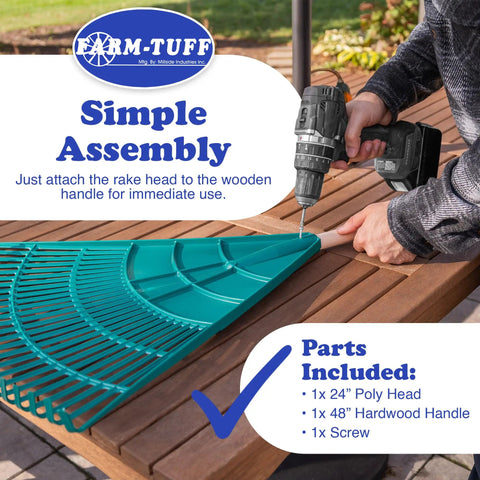 Assembly of Extra Wide 24 Inch Leaf And Lawn Rake With 48 Inch Hardwood Handle For Quick Yard Cleanup, Heavy-Duty Poly Head With 26 Reinforced Tines