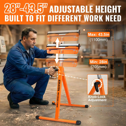 Built Tough Heavy Duty Folding Roller Stand 2 Pack With Adjustable Height Quick Knob Lock Casters Smoothly Rolls Plywood And Boards Up To 500 Pounds Solid Workhorse Extension For Table Saw Jobs, adjustable height feature shown.