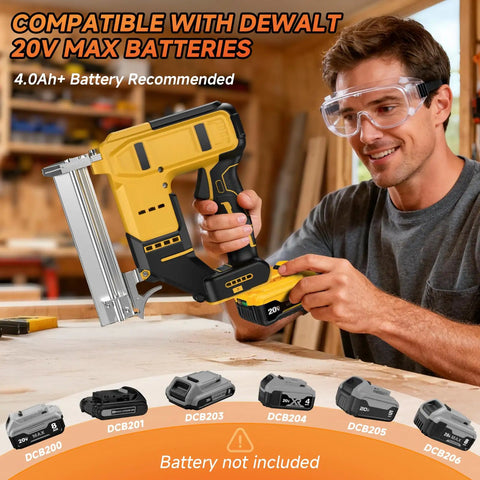 Ultimate 2-In-1 Cordless Brad Nailer And Stapler For Dewalt 20V Max Battery Powered woodworking tool in use with battery.