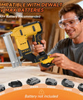 Heavy Hitter 2 In 1 Cordless Nail Gun And Electric Stapler, man using brad nailer with Dewalt 20V battery, furniture assembly.