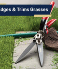 Rotating Handle Grass Shears For Precision Edging And Hedge Trimming shown on lawn edge, featuring 5.25 in alloy blades.