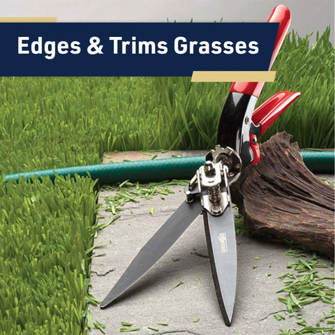 Rotating Handle Grass Shears For Precision Edging And Hedge Trimming shown on lawn edge, featuring 5.25 in alloy blades.