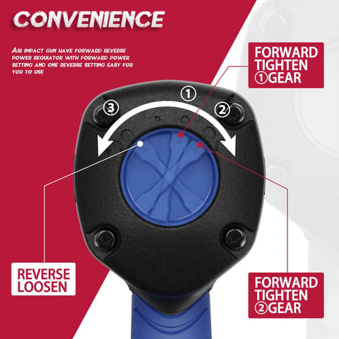 Close-up of control settings on Half Inch Air Impact Wrench With 7000 RPM Free Speed, 1000 Nm Drive, highlighting forward and reverse gears.
