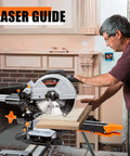 DWT sliding compound miter saw with a 10-inch blade and laser guide cutting wood on an extension table.