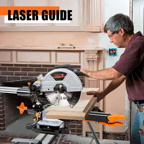 DWT sliding compound miter saw with a 10-inch blade and laser guide cutting wood on an extension table.