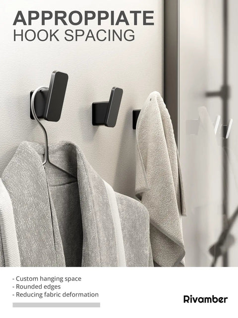 4 Pack Matte Black Towel Hooks For Bathroom And Mudroom Heavy Duty Wall Mounted Hooks, towels hanging, gray background.