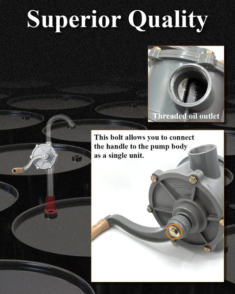 Rotary Hand Drum Pump For Gas And Diesel Transfer From 30 35 40 Gallon Caddies, Aluminum Body, Easy Grip Handle, Adjustable Pump Core With One And One Quarter Inch Inlet And Outlet. Close-up of threaded outlet and handle assembly.