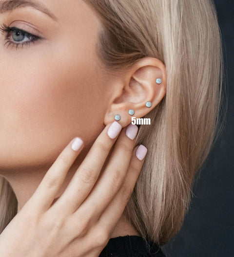Drop Dead Stunning Opal Studs Flat Back Titanium Earrings For Women Hypoallergenic Screw Back Jewelry That Plays Nice With Sensitive Skin Super Comfy Everyday Look, 5mm size worn on ear.