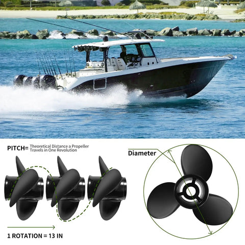 Diagram showing 16 Inch Outboard Propeller 3 Blade Aluminum 16 Diameter 13 Pitch Right Hand 15 Tooth OEM 48-78114A45 Replacement