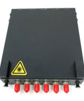 Wall Mount Fiber Enclosure With Spool, Loaded Six Port ST UPC OM1 OM2 Multimode LGX Panel front view with ports