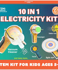 10in1 Electric Motor STEM Kit For Kids Ages 5 8 12 Hands On Science Toy For Learning Electricity, Engineering, DIY Projects, Motor Experiments And Real World Engineering Fun. box front with vacuum cleaner, massager and table fan activities