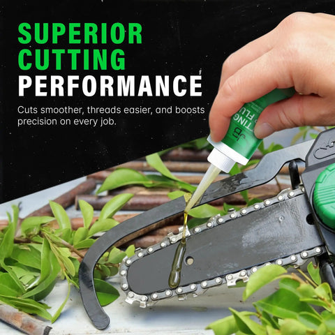 Person applying Cutting And Tapping Fluid 4 Oz High Performance Lubricant For Drilling Tapping Threading Sawing Milling And Machining All Metals on saw blade.