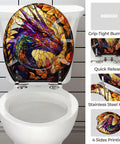 Round Resin Toilet Seat for Bathroom featuring a colorful dragon design, quick release hinges, and grip-tight bumpers.
