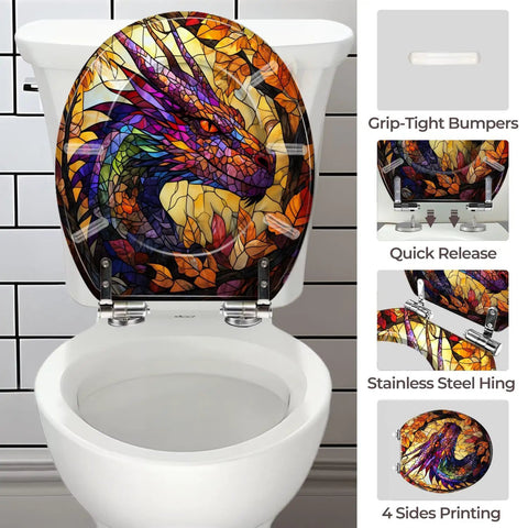 Round Resin Toilet Seat for Bathroom featuring a colorful dragon design, quick release hinges, and grip-tight bumpers.