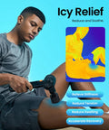 Man using Deep Tissue Massage Gun With Heat And Cold Therapy on thigh, shown in thermal imaging, for muscle soreness relief.
